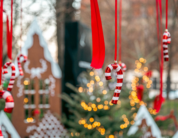 zdjęcie przedstawia bombkę zawieszoną na świątecznej dekoracji